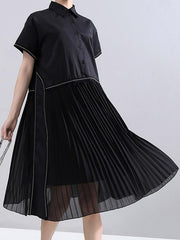 Solid Chiffon Pleated Splicing Lapel Dress