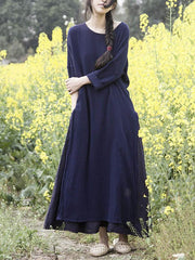 Loose Solid Color Split-Side Round Neck Dress