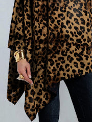 Long Sleeves Loose Leopard Printed High Neck T-Shirts