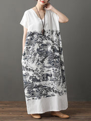 Loose National Ink Prined Cotton Long Dress