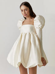 Puff Sleeve Imitation Silk Mini Dress