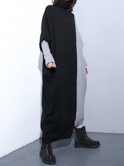 Women Stitching Contrast Color Knitted Sweater Maxi Dress