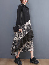 Loose Print Patchwork Shirt Midi Dress