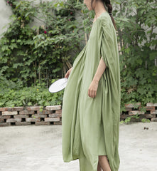 Retro Round Neck Solid Color Loose Casual Dress