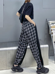 Simple Solid Plaid Stitching Loose Pants