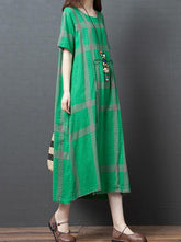 Loose Plaid Splicing Round Neck Dress