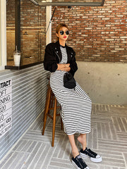 Waist In Slim Short Sleeve Striped Casual Dress