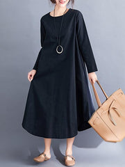 Loose Simple Black Split-joint Round-neck Long Dress