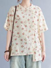 Floral Print Stand Collar Casual T-Shirt