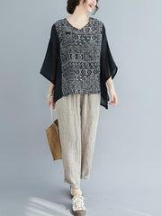 Loose Print Splicing V-Neck T-Shirt