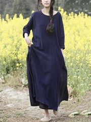 Loose Solid Color Split-Side Round Neck Dress