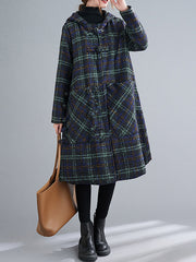 Coil Button Hooded Plaid Coat