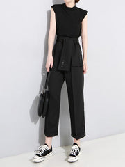 Solid Color Empire Button-Knotted Ninth Pants