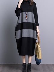 Loose Color Block Striped Knitted Turtleneck Midi Dress
