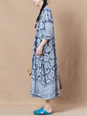 Blue Batik Linen 3/4 Sleeves Long Dress
