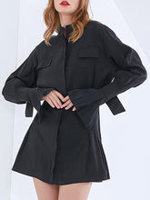 Women Long Sleeve Pocket Waist Shirt Dress
