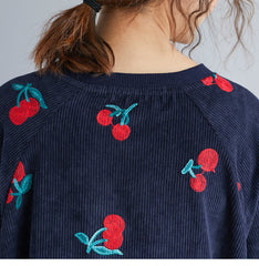 Round Neck Corduroy Embroidery Ruffle Midi Dress