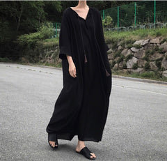 V-Neck Loose Solid Color Mid-Sleeve Maxi Dress