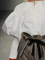 Loose Puff Sleeves Pleated Solid Color Split-Joint Round-Neck Blouses