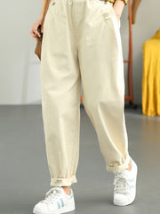 Retro Patch Elastic Waist Casual Loose Harem Pants