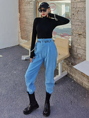 High Waist Embroidered Letter Zipper Pants