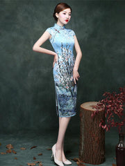 Blue Plum Blossom Short Cheongsam Dress