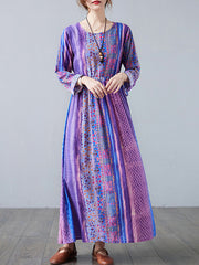 Printed Literary Round Neck Drawstring Maxi Dress