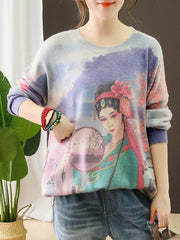 Vintage Opera Figure Printed Round-neck Sweater