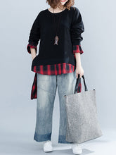 Large Size Stitching Plaid Asymmetrical Loose Sweatshirt