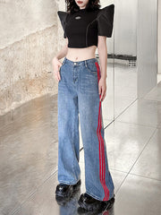 High Waisted Wide Leg Contrast Color Striped Jean Pants Bottoms