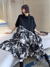 Women Personality Lapel Stitching Contrast Color Casual Dress