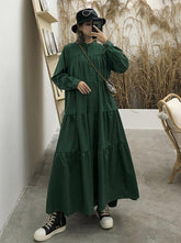 Loose Solid Color Ruffled A-Line Stand Collar Maxi Dress