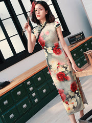 Tie-Dye Clashing Vintage Print High Split Short Sleeve Cheongsam Maxi Dress
