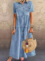 Solid Denim Retro Lapel Maxi Dress