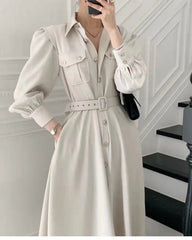 Retro Solid Color Midi Dress With Belt