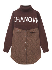 High Neck Spliced Cotton Sweater Jacket