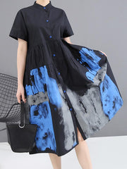 Original Flower Print Stand Collar Shirt Dress