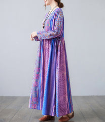 Printed Literary Round Neck Drawstring Maxi Dress
