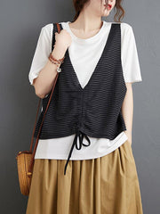 False Two Striped Split-Joint Drawstring T-Shirts