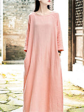 Pink Long Sleeves Ramie Cotton Long Dress