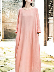 Pink Long Sleeves Ramie Cotton Long Dress