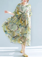 Light Green Loose Chiffon Printed Long Dress+Jumper skirt