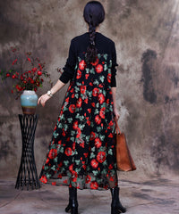 Retro Embroidered Knitted Patchwork Midi Dress