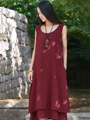 Burgundy&Black Ramie Cotton Sleeveless Long Dress