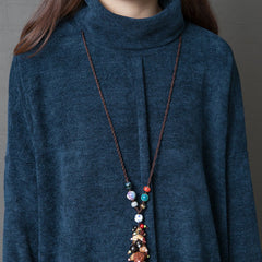 Retro High Neck Solid Color Long Sleeve Midi Dress