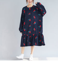 Round Neck Corduroy Embroidery Ruffle Midi Dress