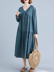Loose V-Neck Vintage Long Sleeve Dress