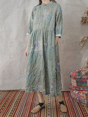 Printed Oblique Placket Retro Button One-Piece Midi Dress