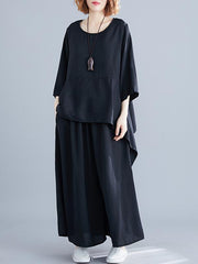 Two-Pieces Solid Cropped Top And Wide-Leg Pants Suit