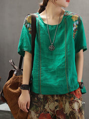 Vintage Embroidered Linen Round Collar T-Shirt